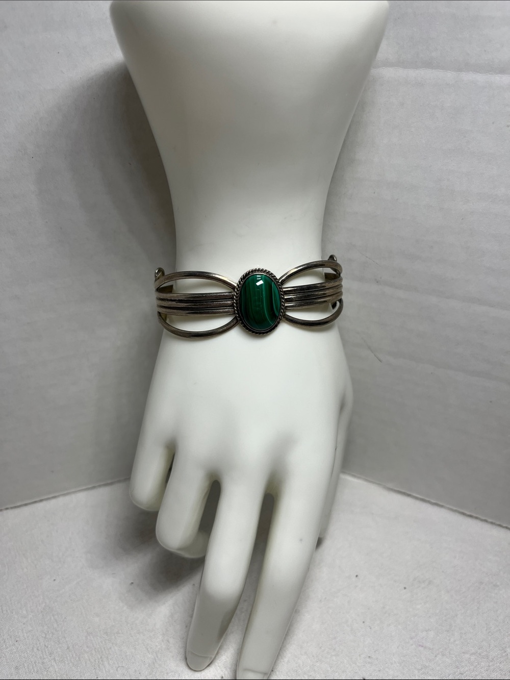 Sterling Silver Cuff Bracelet with Green Malachite Center